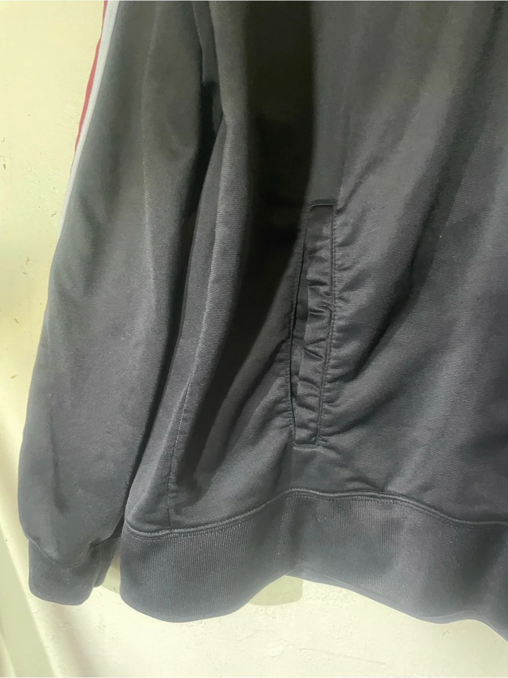 Old Navy Size XL Black Bomber Jacket with Red & White Sleeve Stripes